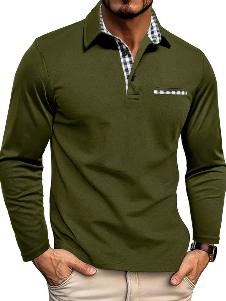 Men's Long-Sleeve Check Collar Polo Shirt Henley