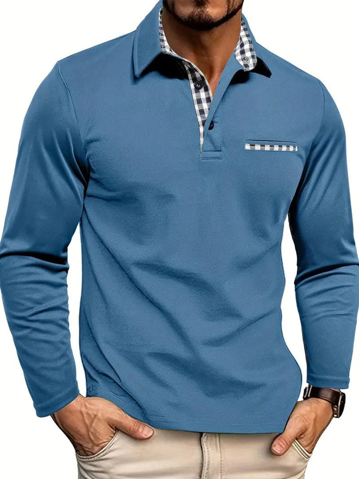 Men's Long-Sleeve Check Collar Polo Shirt Henley