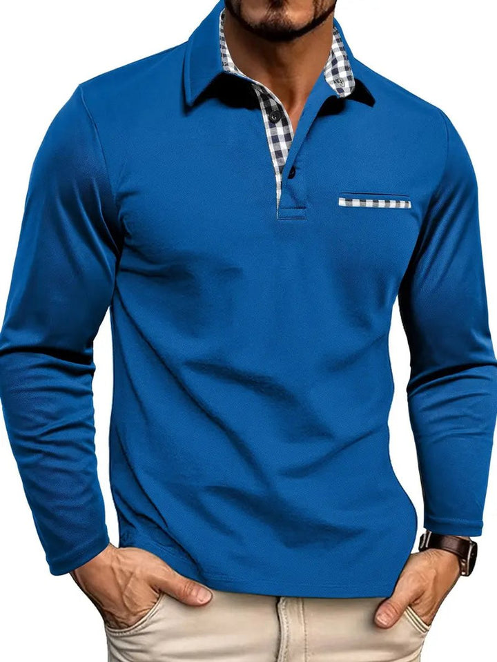 Men's Long-Sleeve Check Collar Polo Shirt Henley