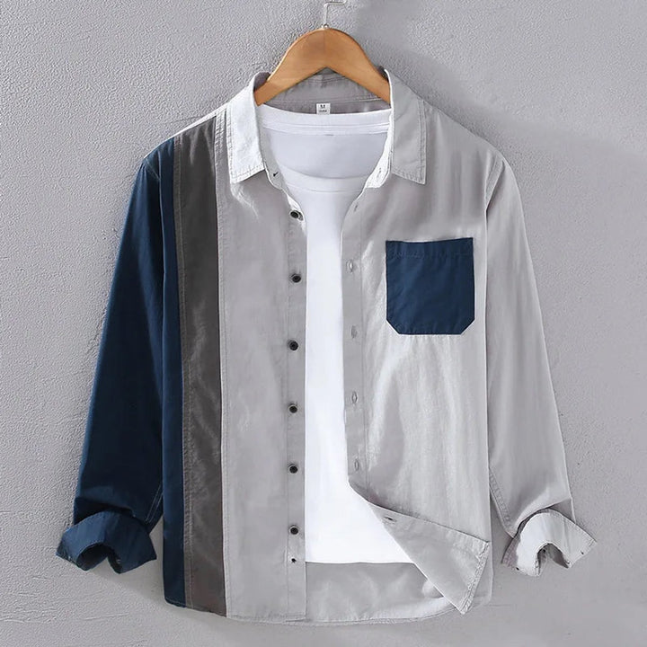 Men's Long-Sleeve Colour-Block Button-Up Casual Shirt
