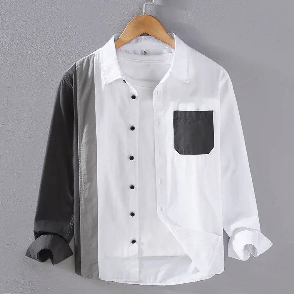 Men's Long-Sleeve Colour-Block Button-Up Casual Shirt
