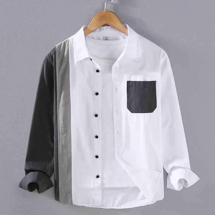 Men's Long-Sleeve Colour-Block Button-Up Casual Shirt