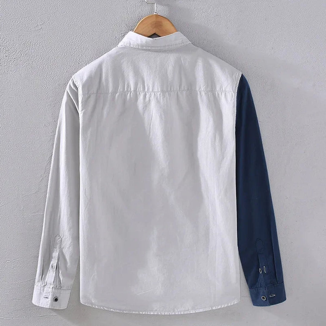 Men's Long-Sleeve Colour-Block Button-Up Casual Shirt