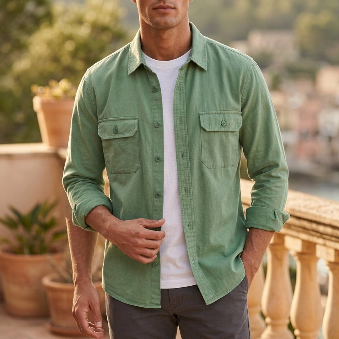 Men's Long-Sleeve Cotton Overshirt Flannel Shirt Chest Pockets