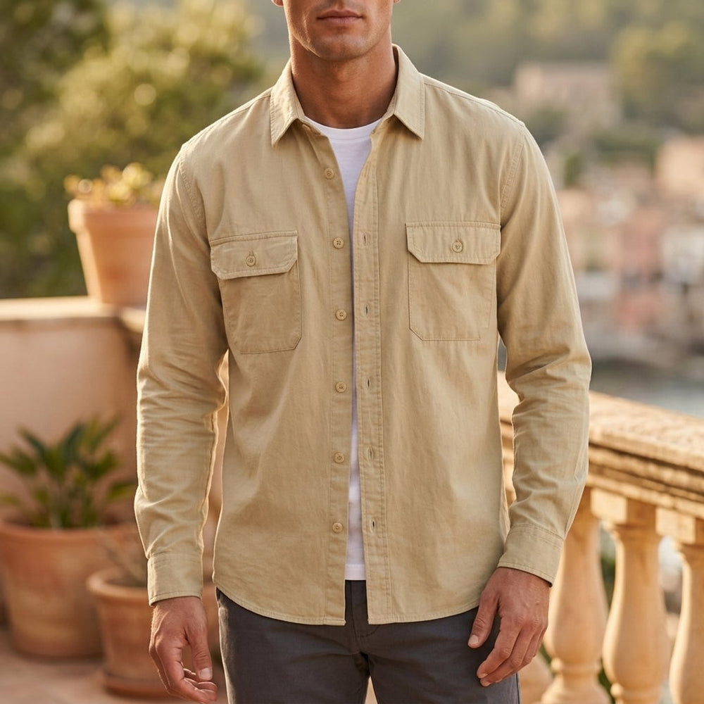 Men's Long-Sleeve Cotton Overshirt Flannel Shirt Chest Pockets