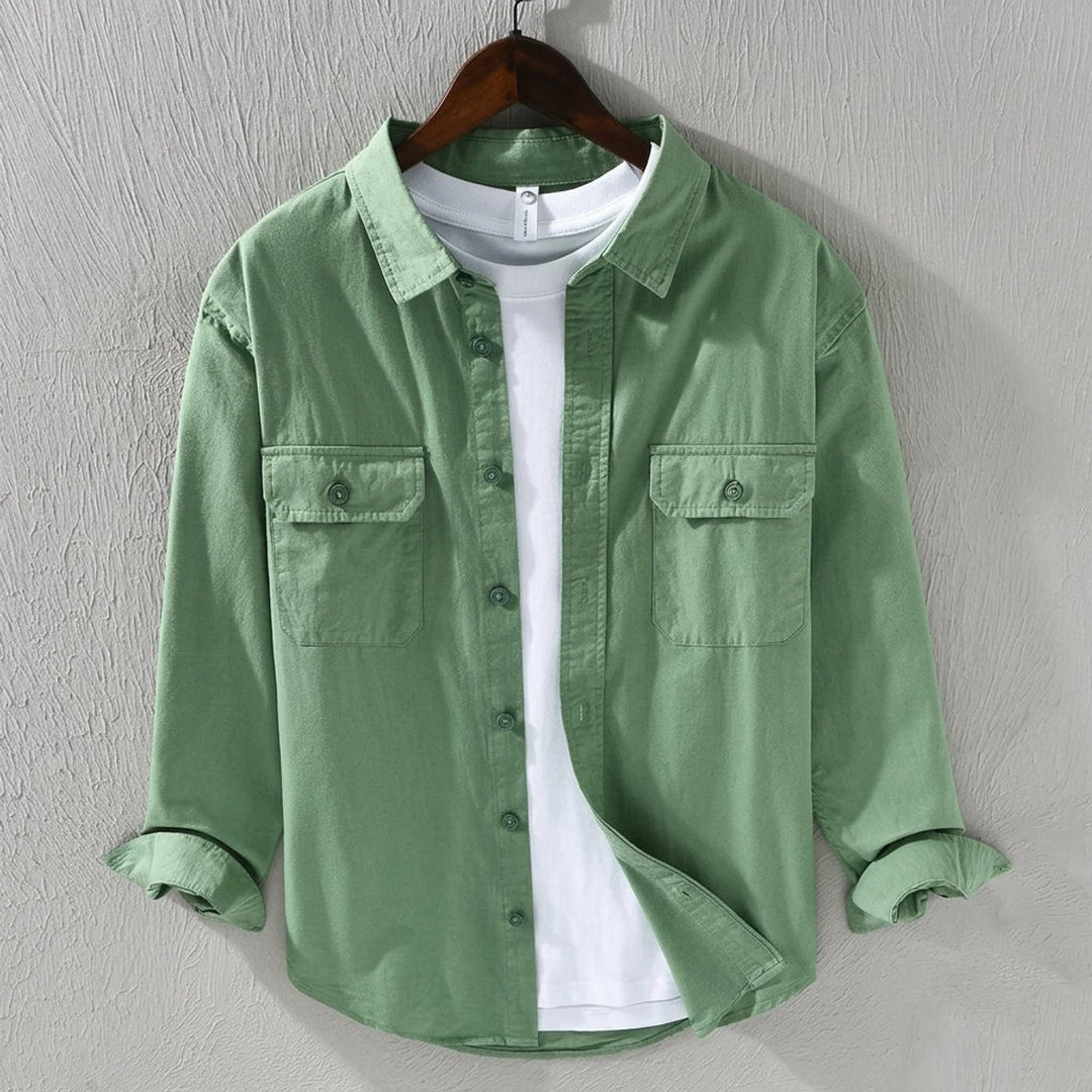 Men's Long-Sleeve Cotton Overshirt Flannel Shirt Twin Chest Pockets