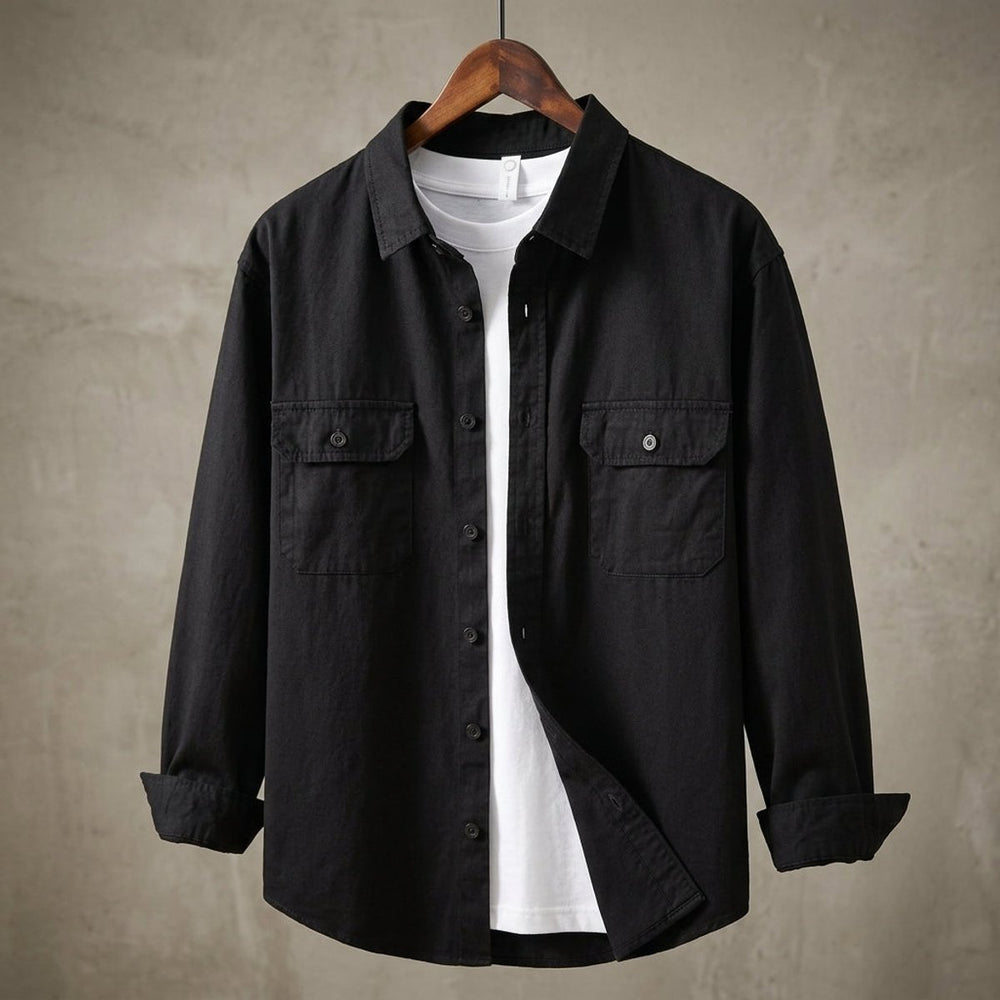 Men's Long-Sleeve Cotton Overshirt Flannel Shirt Twin Chest Pockets