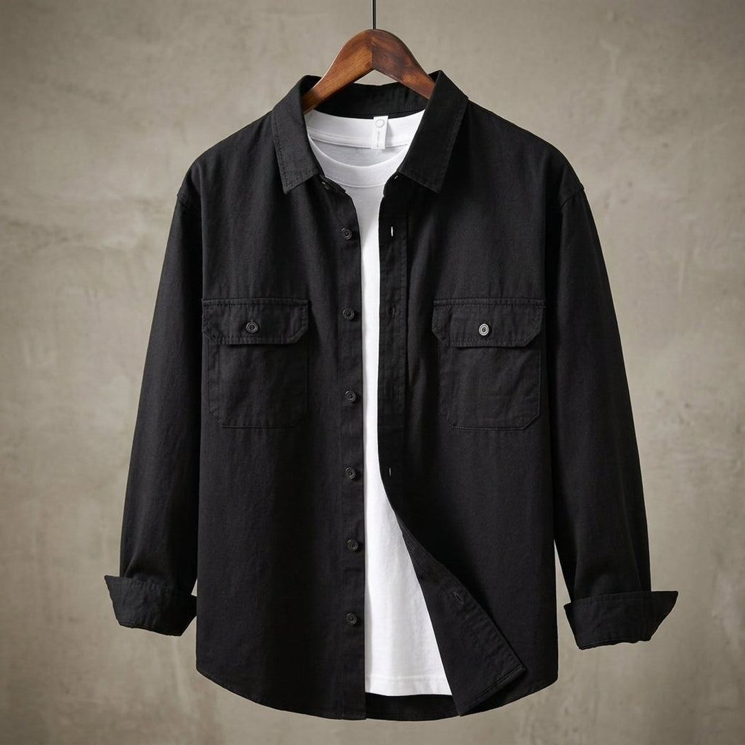 Men's Long-Sleeve Cotton Overshirt Flannel Shirt Twin Chest Pockets