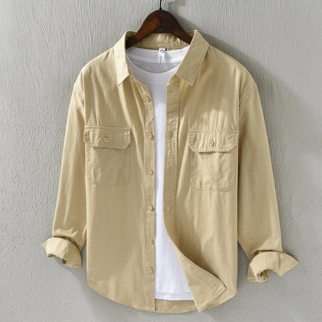Men's Long-Sleeve Cotton Overshirt Flannel Shirt Twin Chest Pockets