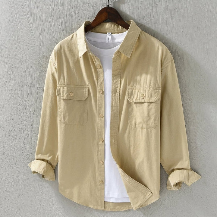 Men's Long-Sleeve Cotton Overshirt Flannel Shirt Twin Chest Pockets