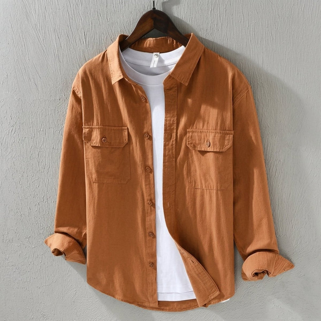 Men's Long-Sleeve Cotton Overshirt Flannel Shirt Twin Chest Pockets