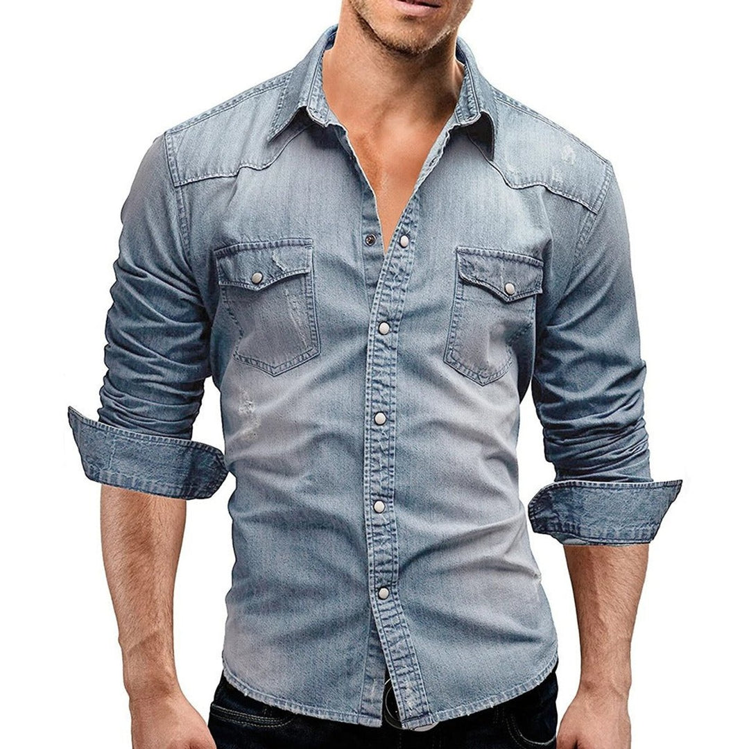 Men's Long-Sleeve Denim Button-Front Chest Pocket Shirt