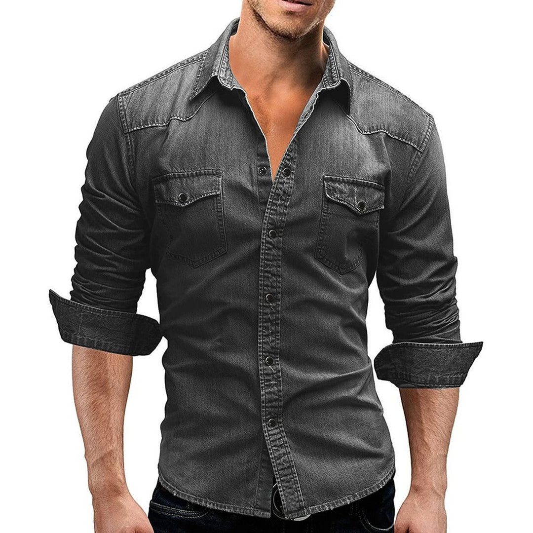 Men's Long-Sleeve Denim Button-Front Chest Pocket Shirt