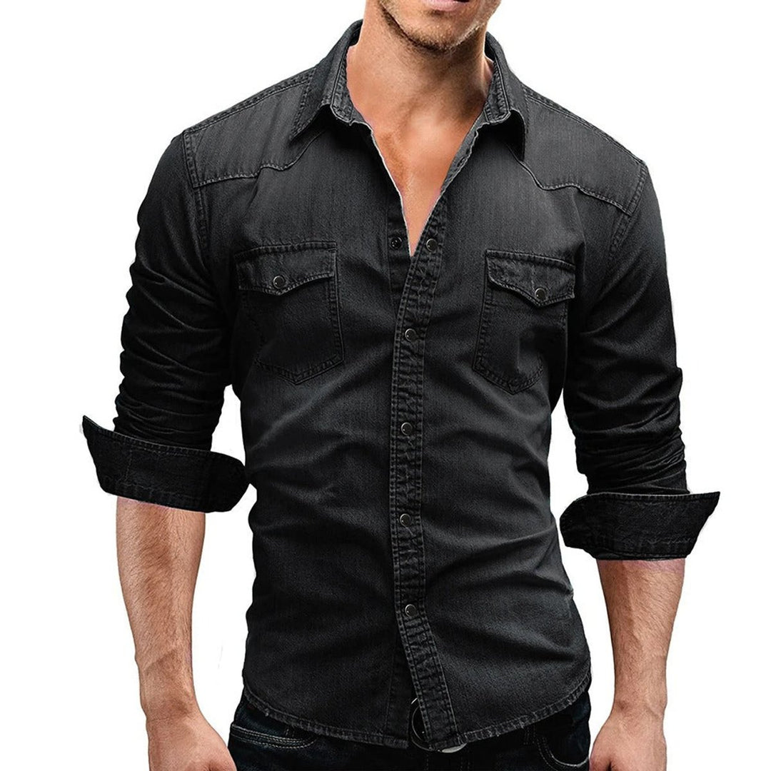 Men's Long-Sleeve Denim Button-Front Chest Pocket Shirt