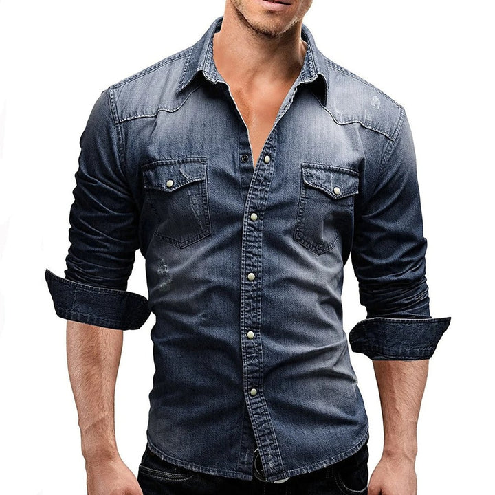 Men's Long-Sleeve Denim Button-Front Chest Pocket Shirt