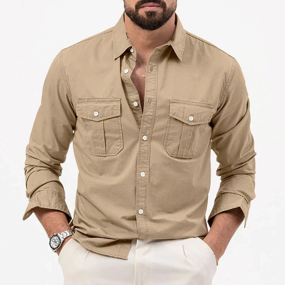 Men's Long-Sleeve Dual-Pocket Button-Up Shirt