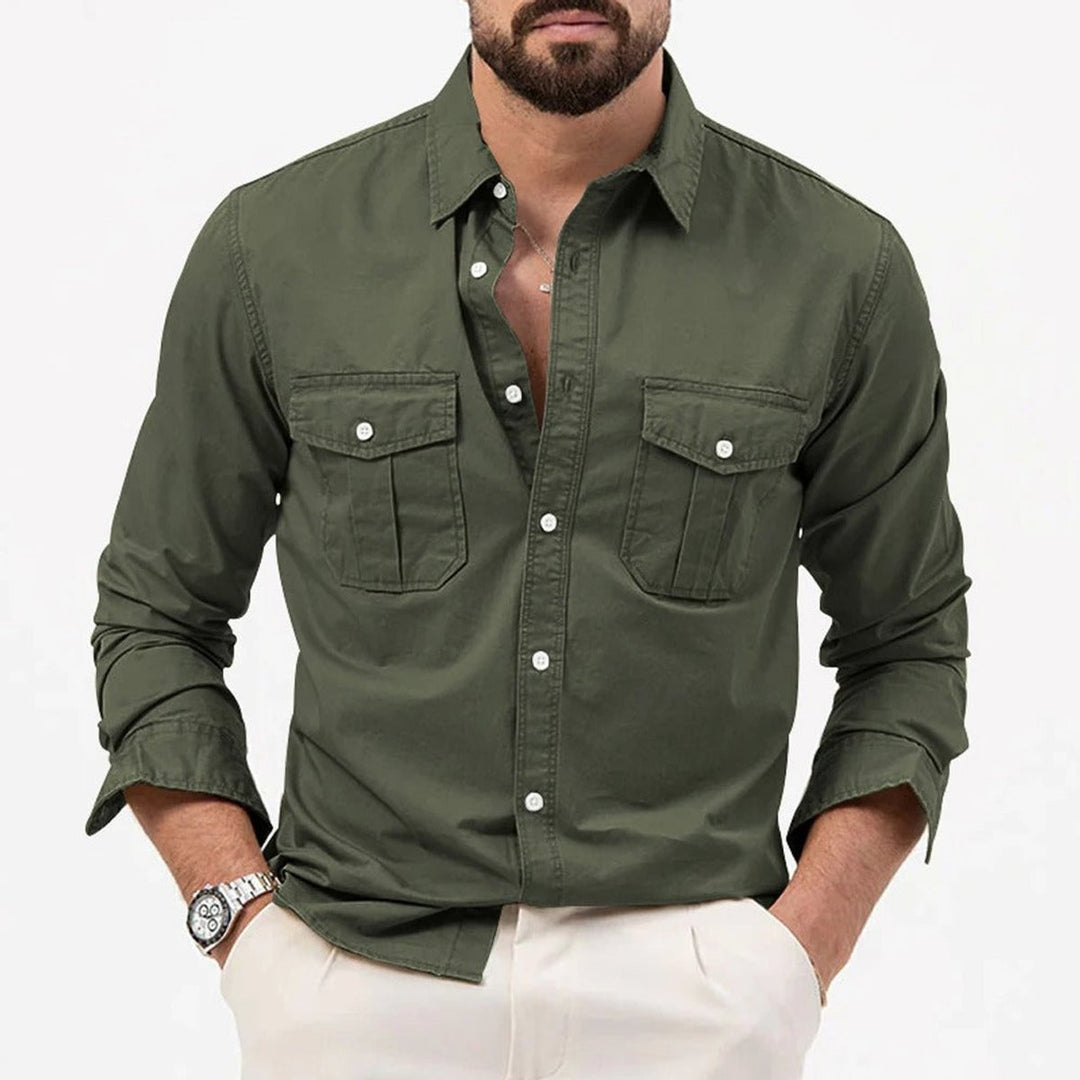 Men's Long-Sleeve Dual-Pocket Button-Up Shirt
