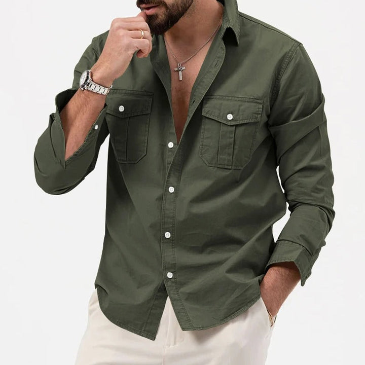 Men's Long-Sleeve Dual-Pocket Button-Up Shirt