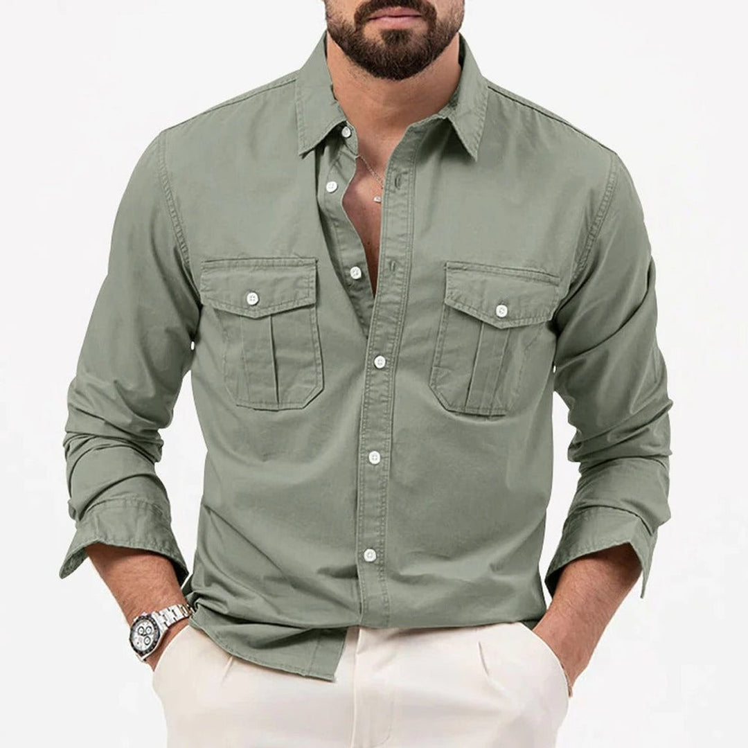 Men's Long-Sleeve Dual-Pocket Button-Up Shirt