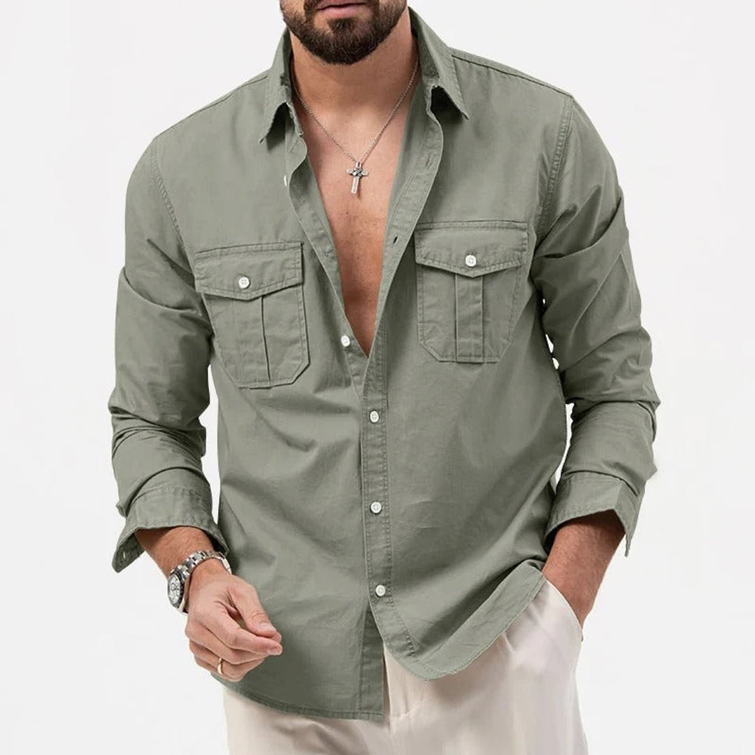 Men's Long-Sleeve Dual-Pocket Button-Up Shirt