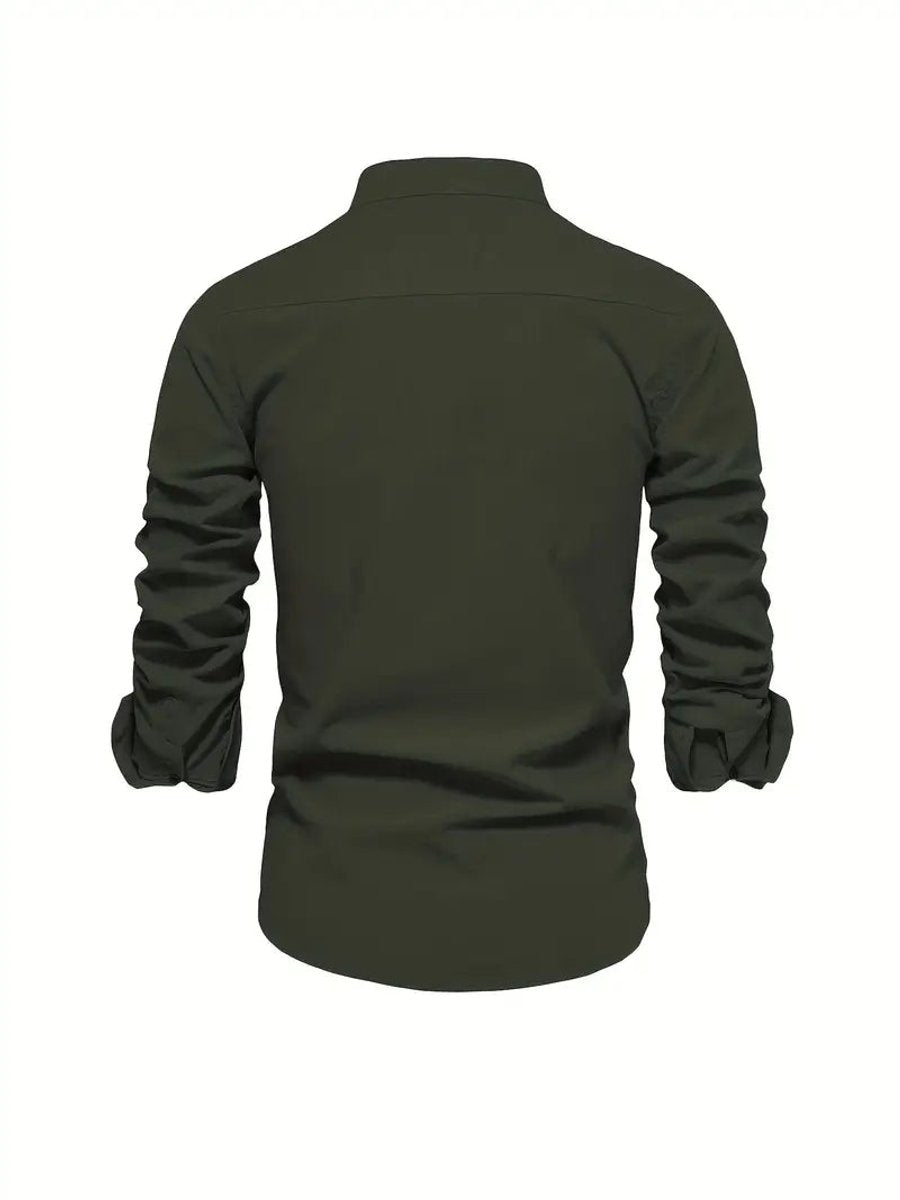 Mens Long-Sleeve Henley Button-Up Casual Oxford Shirt