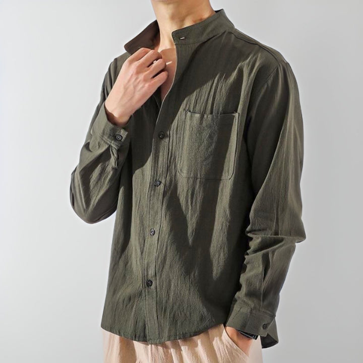 Men's Long-Sleeve Henley Cotton Button-Up Relaxed Shirt