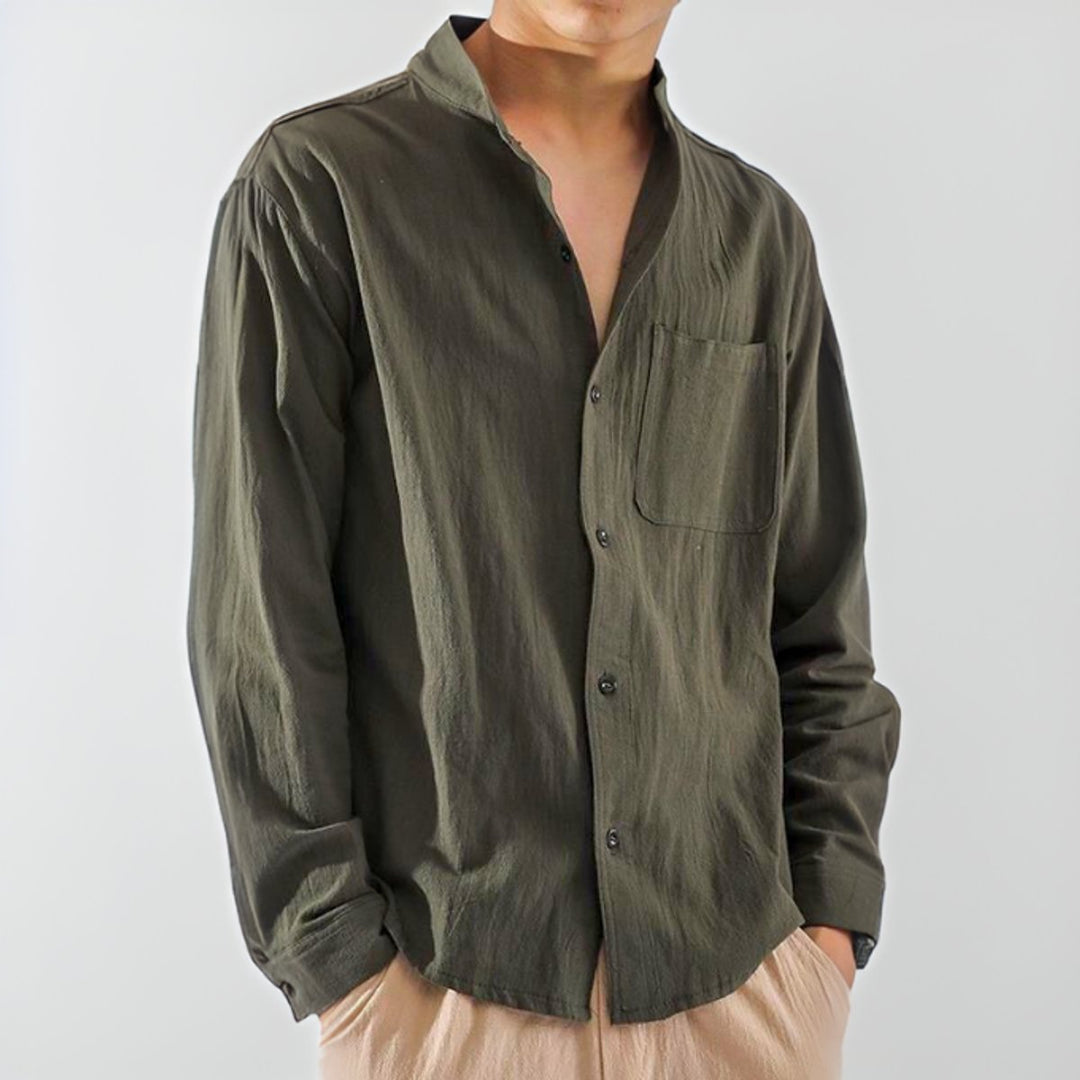 Men's Long-Sleeve Henley Cotton Button-Up Relaxed Shirt