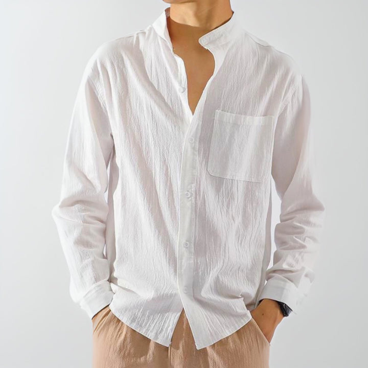 Men's Long-Sleeve Henley Cotton Button-Up Relaxed Shirt