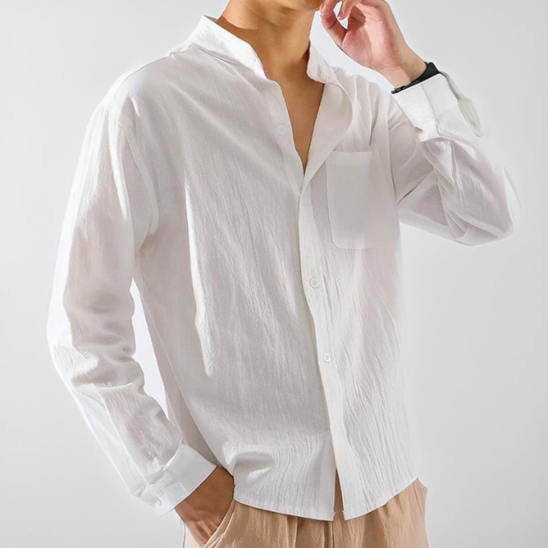 Men's Long-Sleeve Henley Cotton Button-Up Relaxed Shirt