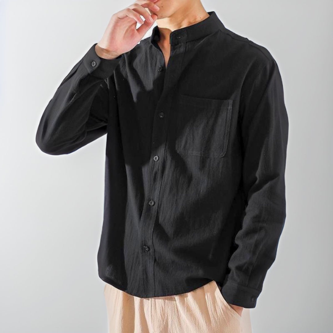 Men's Long-Sleeve Henley Cotton Button-Up Relaxed Shirt