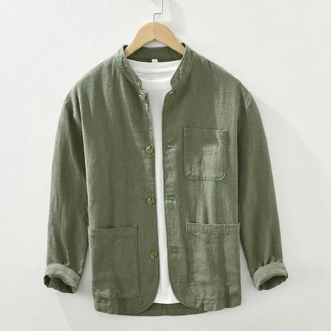 Mens Long-Sleeve Henley Linen Shirt Stand Collar Button-Up