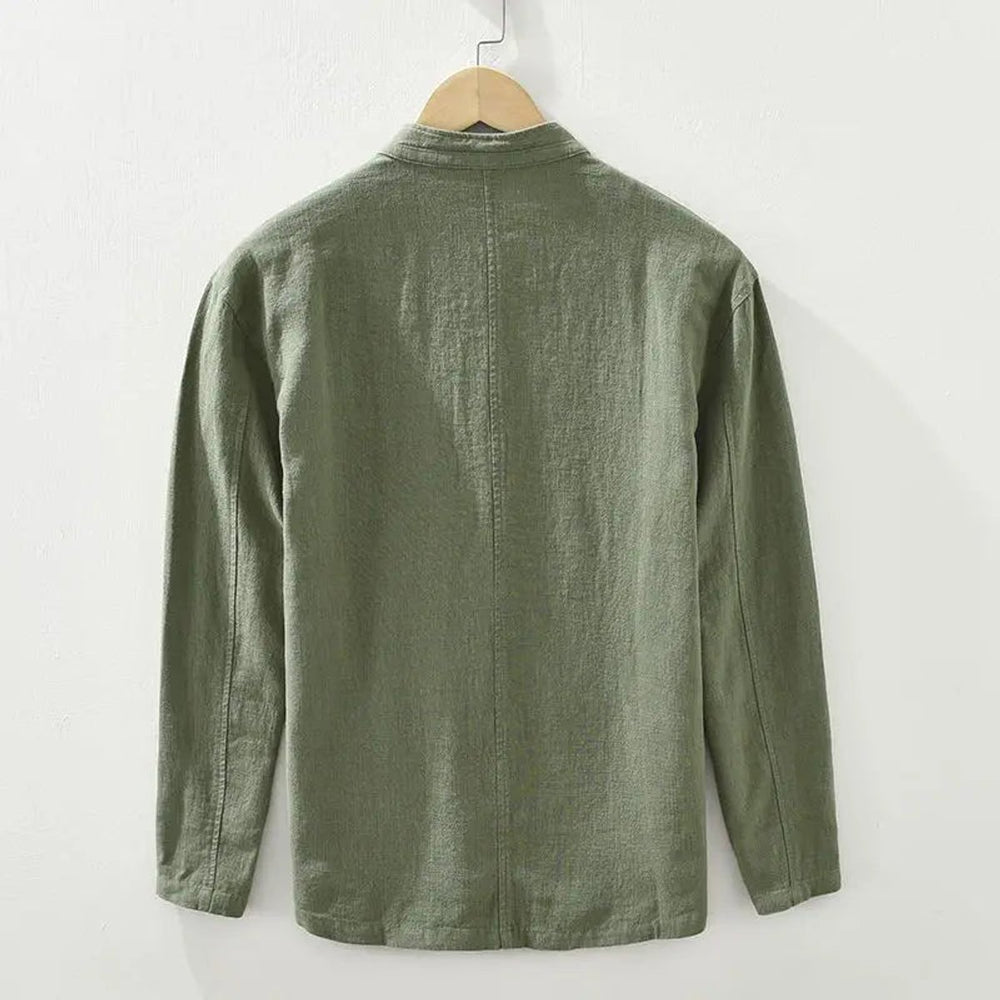 Mens Long-Sleeve Henley Linen Shirt Stand Collar Button-Up