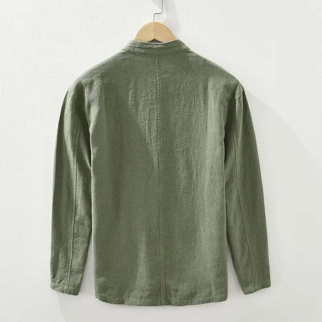 Mens Long-Sleeve Henley Linen Shirt Stand Collar Button-Up
