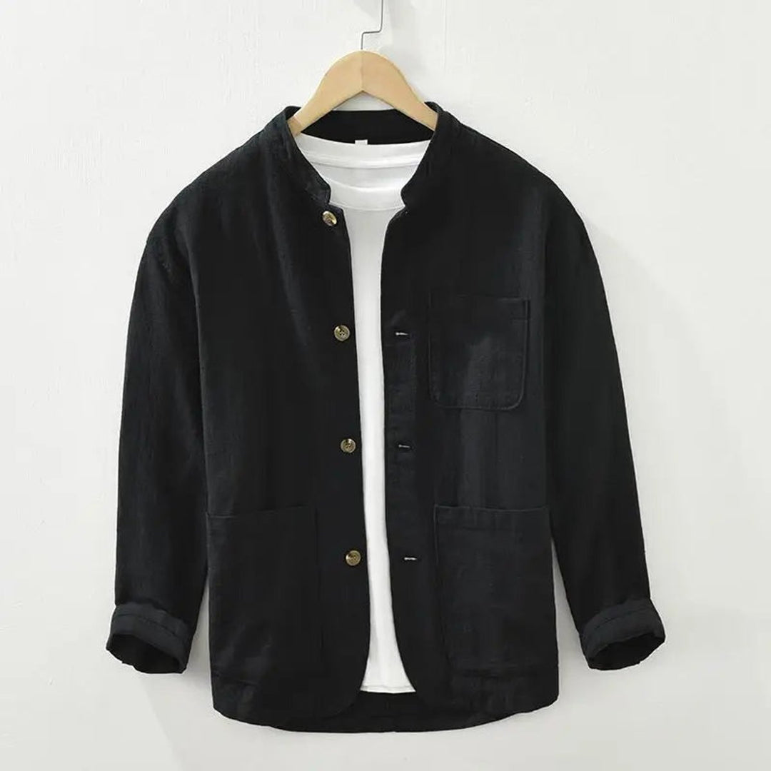 Mens Long-Sleeve Henley Linen Shirt Stand Collar Button-Up