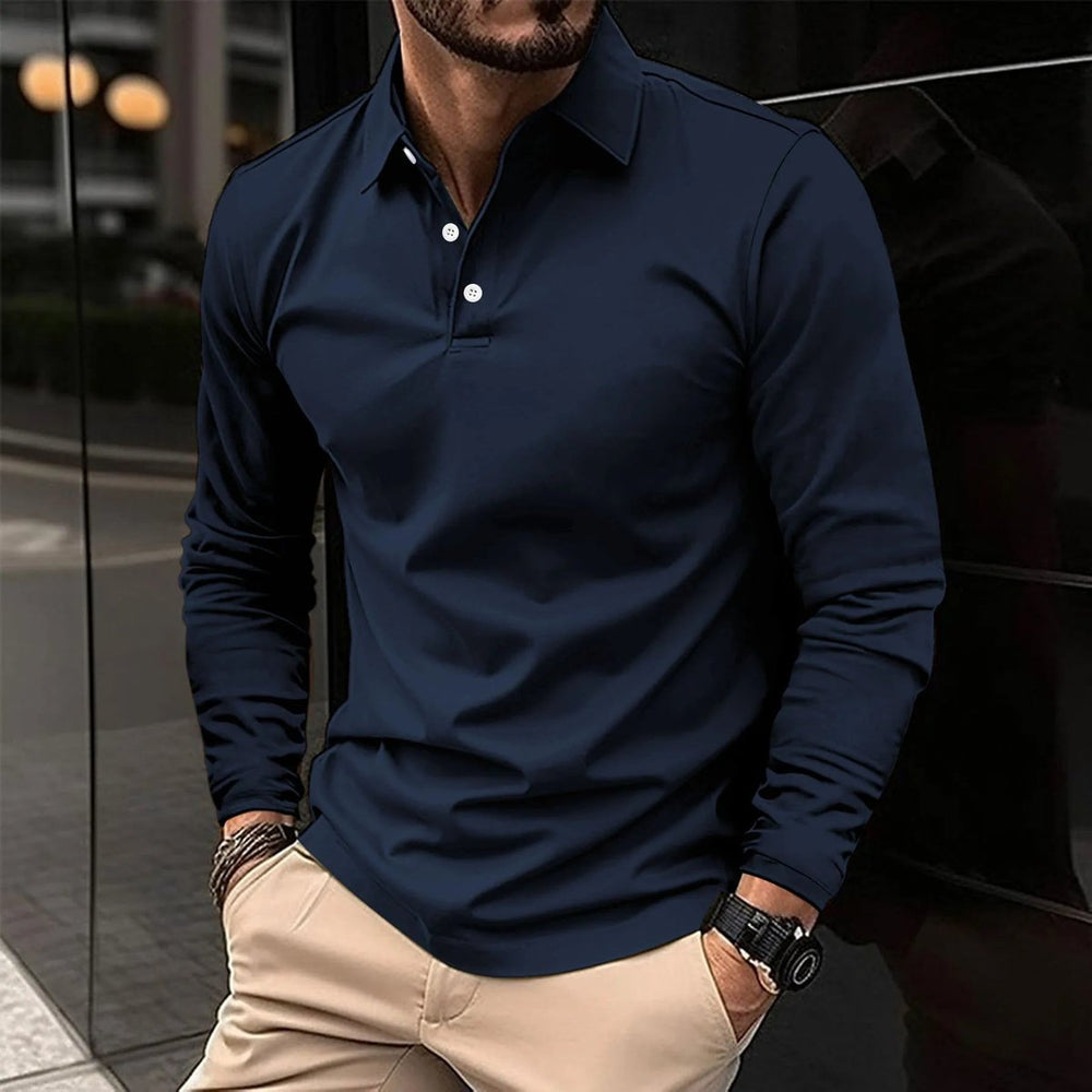 Men's Long-Sleeve Henley Polo Shirt Slim-Fit Classic Collar
