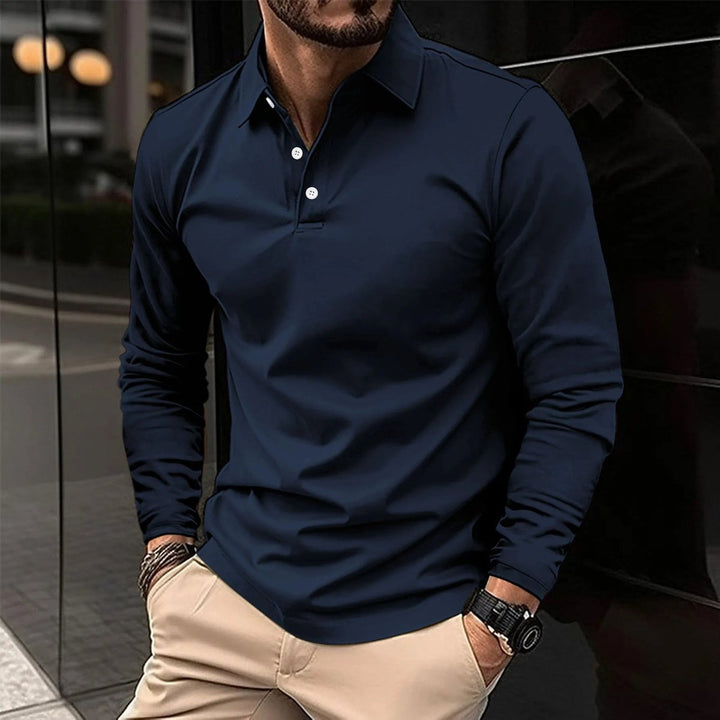 Men's Long-Sleeve Henley Polo Shirt Slim-Fit Classic Collar