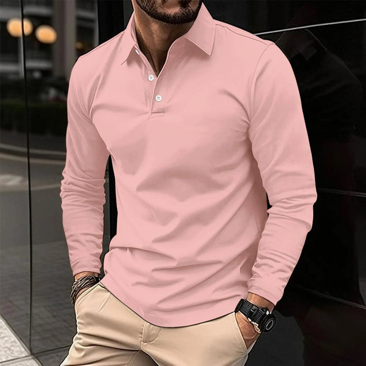 Men's Long-Sleeve Henley Polo Shirt Slim-Fit Classic Collar