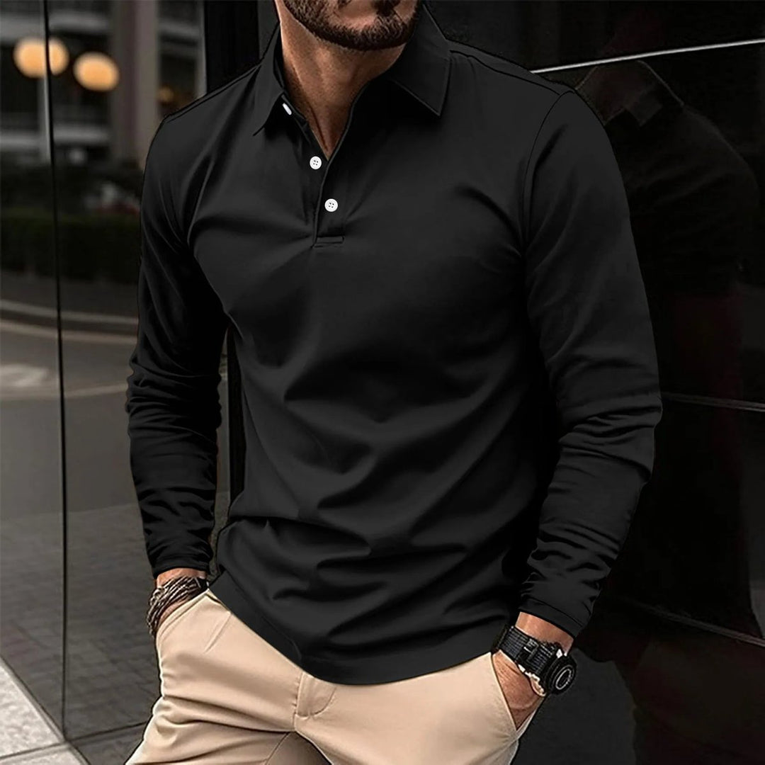 Men's Long-Sleeve Henley Polo Shirt Slim-Fit Classic Collar