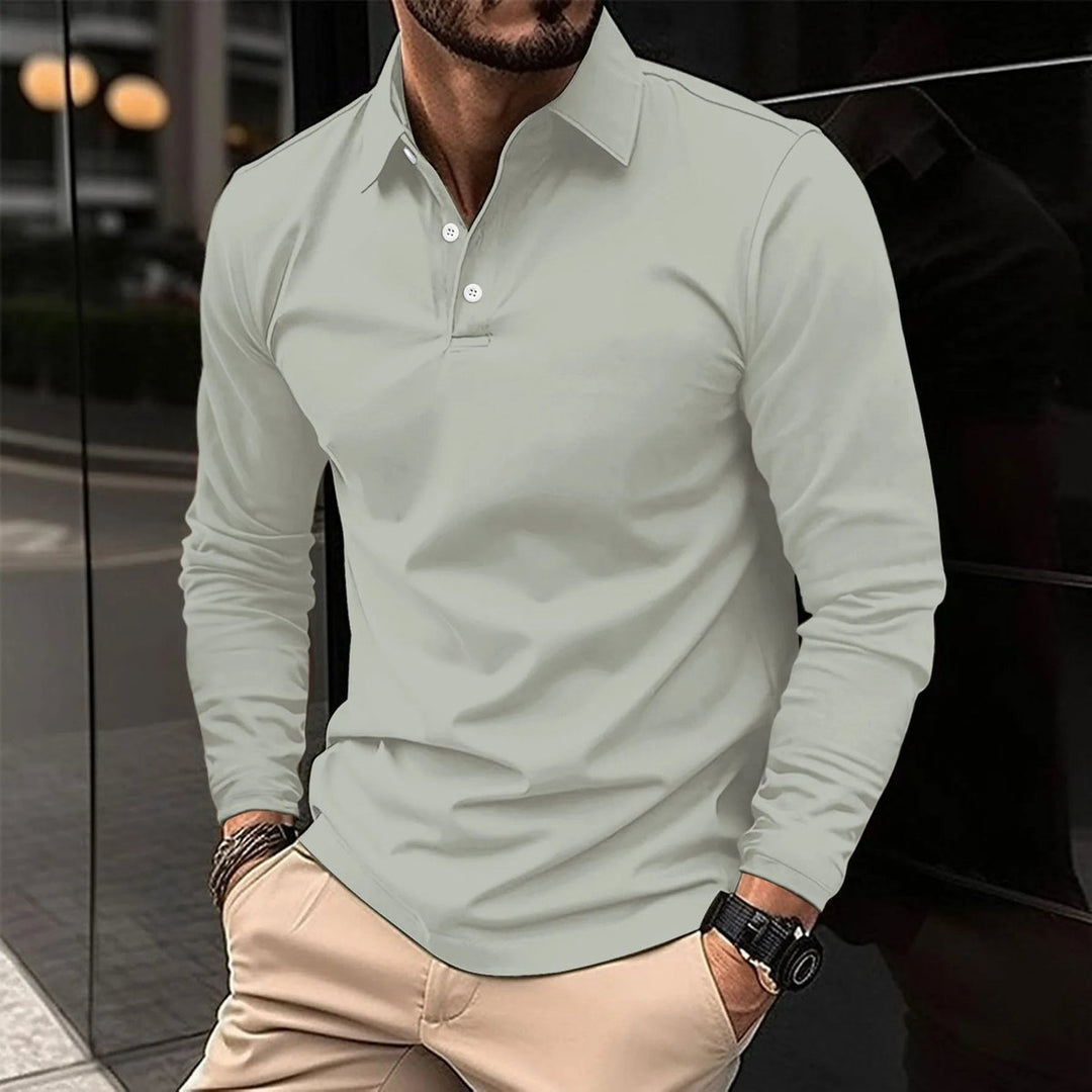 Men's Long-Sleeve Henley Polo Shirt Slim-Fit Classic Collar