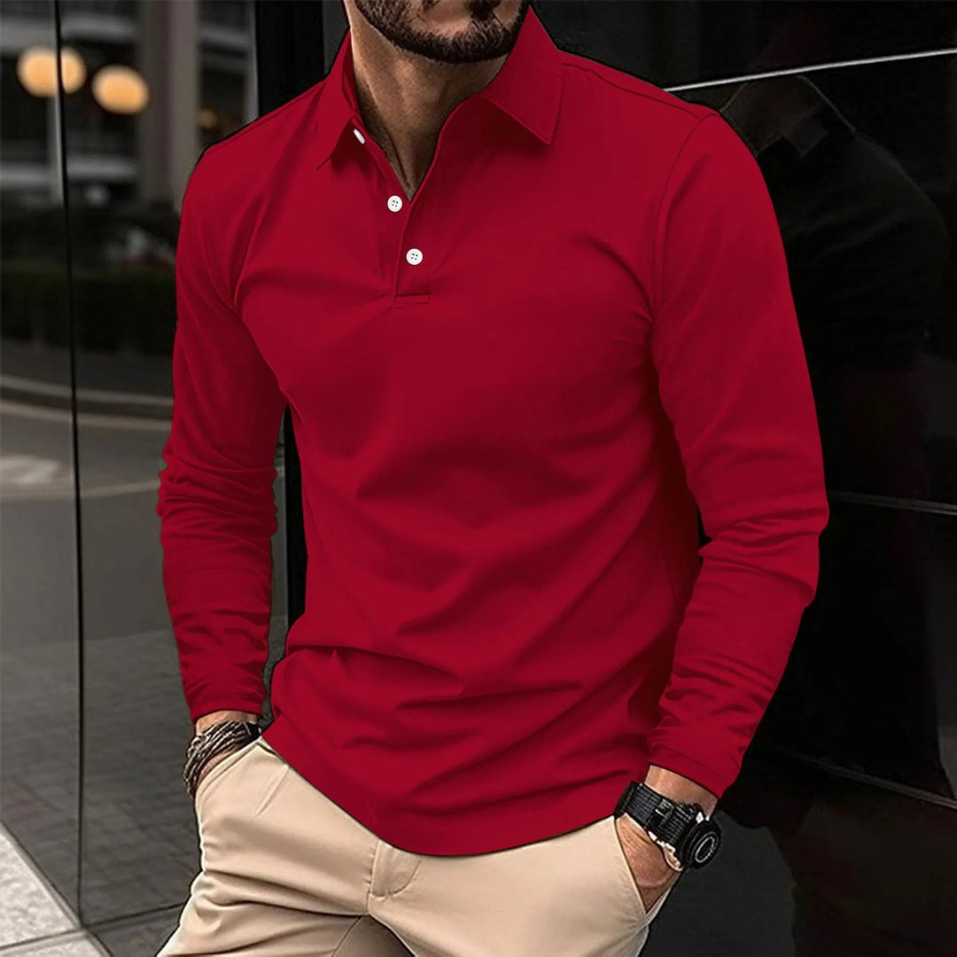Men's Long-Sleeve Henley Polo Shirt Slim-Fit Classic Collar