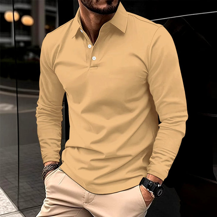 Men's Long-Sleeve Henley Polo Shirt Slim-Fit Classic Collar