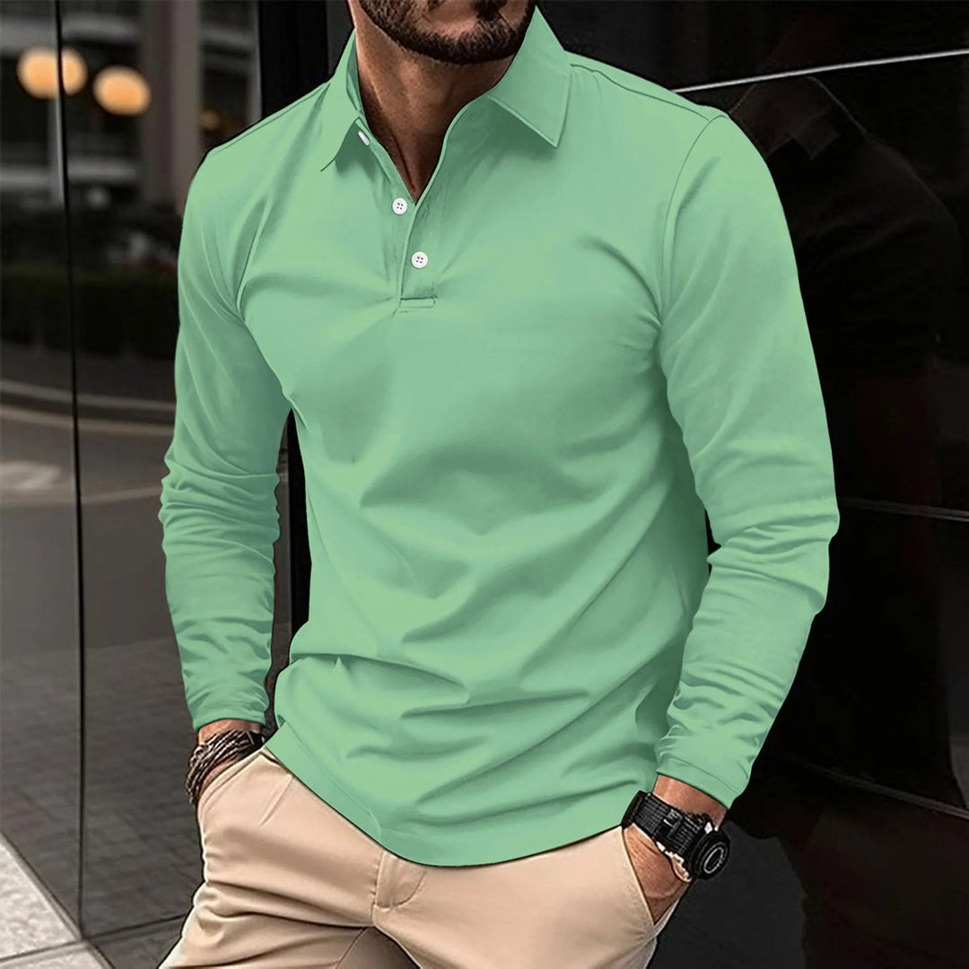 Men's Long-Sleeve Henley Polo Shirt Slim-Fit Classic Collar