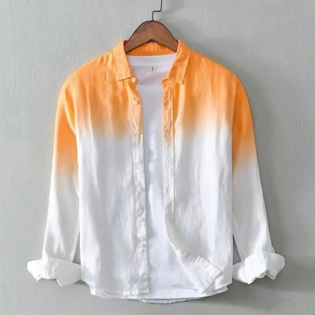 Mens Long-Sleeve Henley Shirt Relaxed-Fit Dip-Dye Cotton Button-Up