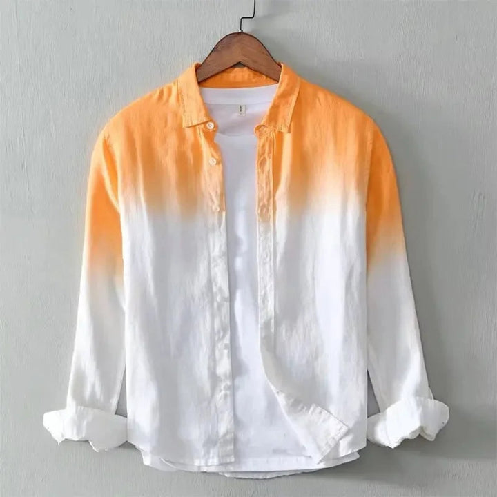 Mens Long-Sleeve Henley Shirt Relaxed-Fit Dip-Dye Cotton Button-Up