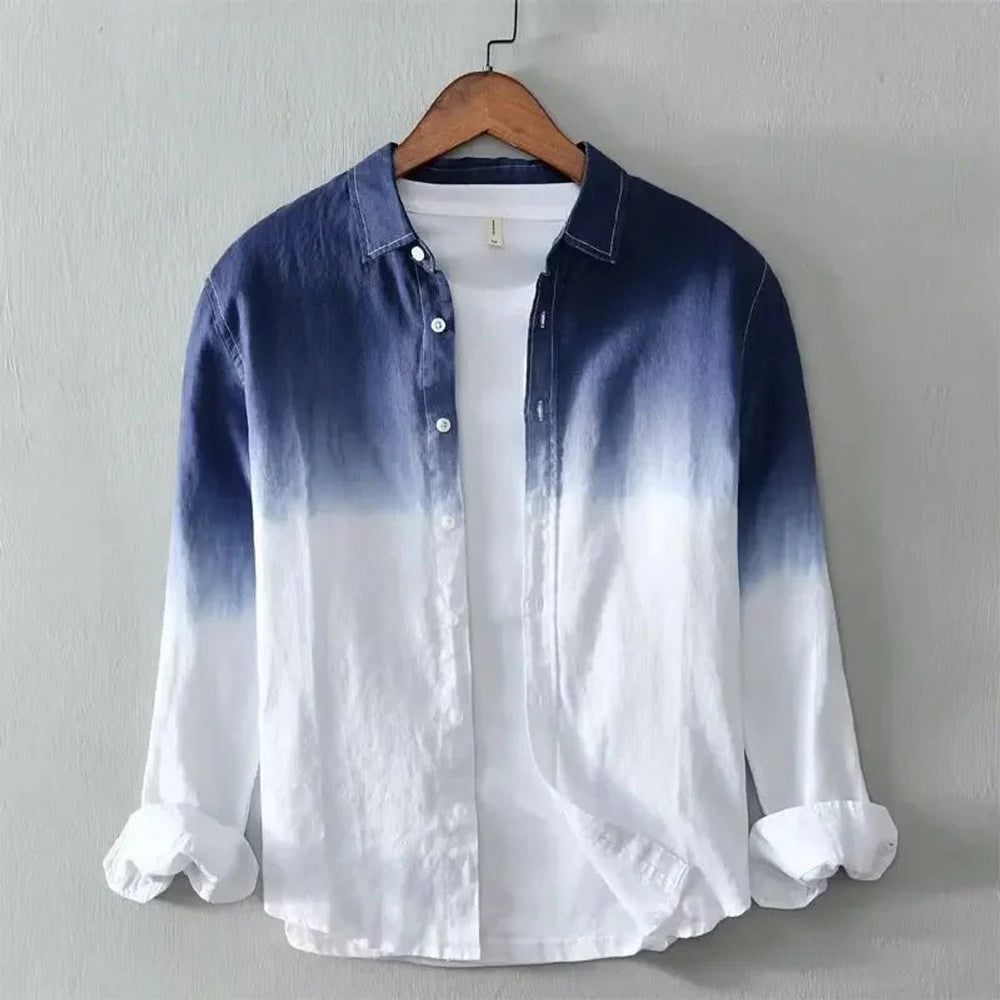 Mens Long-Sleeve Henley Shirt Relaxed-Fit Dip-Dye Cotton Button-Up
