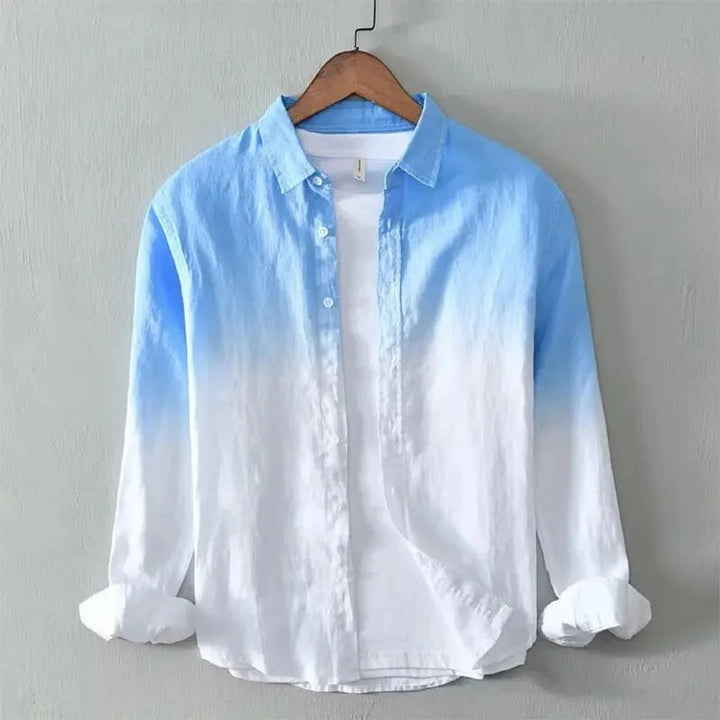 Mens Long-Sleeve Henley Shirt Relaxed-Fit Dip-Dye Cotton Button-Up