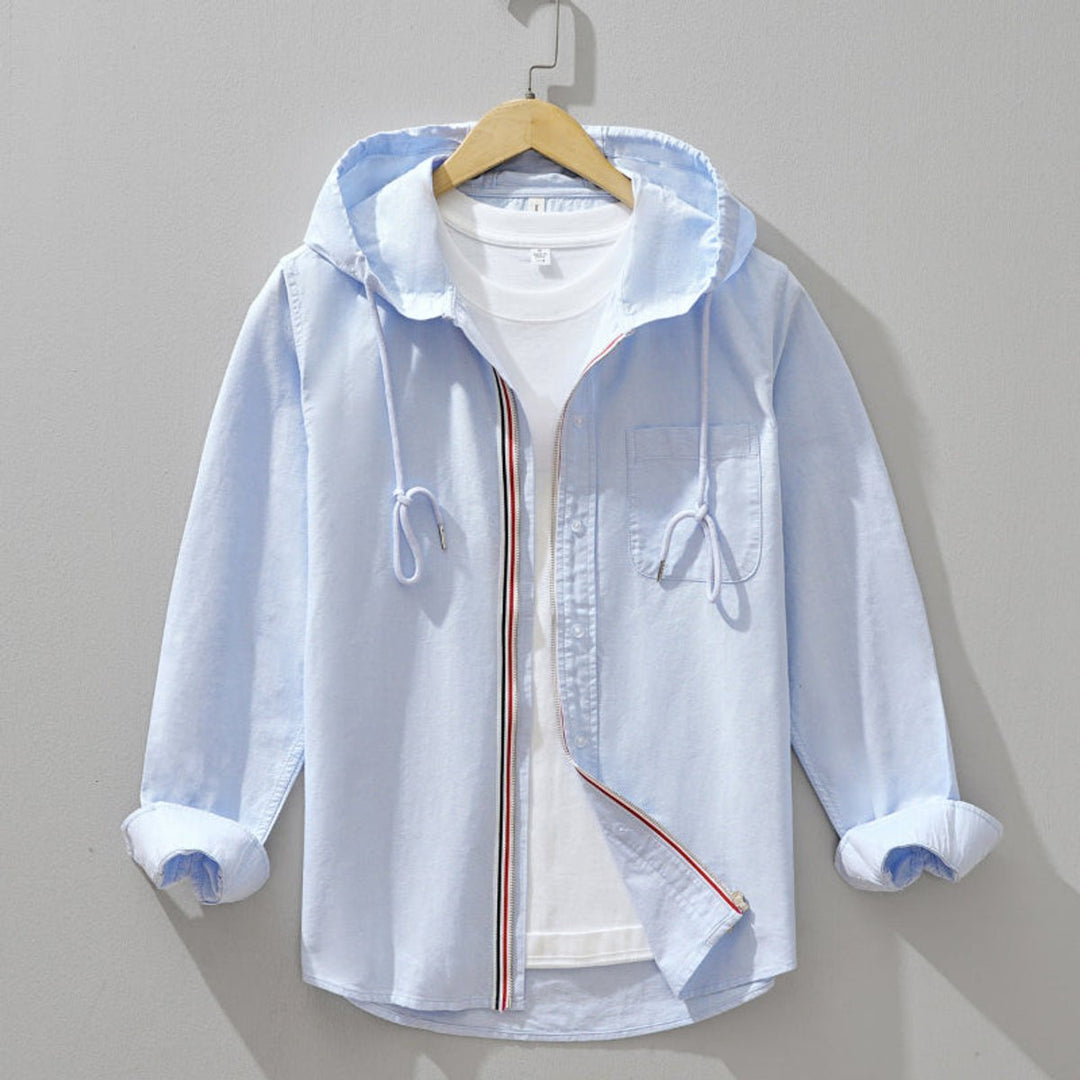 Men's Long-Sleeve Hooded Zip-Front Casual Shirt