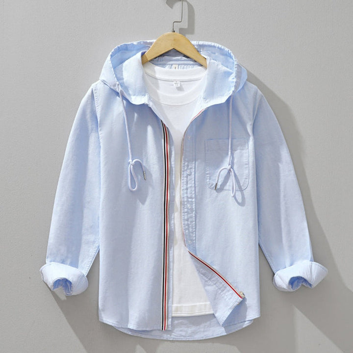 Men's Long-Sleeve Hooded Zip-Front Casual Shirt