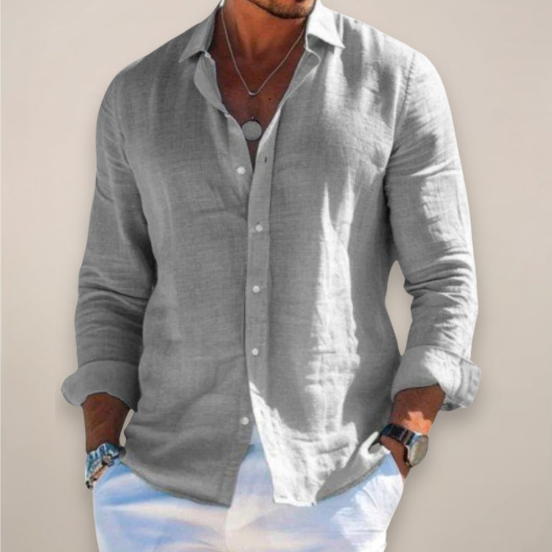 Men's Long-Sleeve Linen Button-Up Casual Shirt