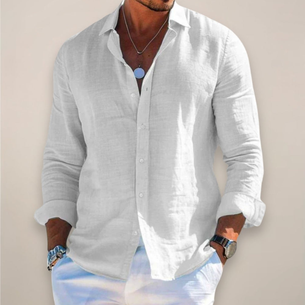 Men's Long-Sleeve Linen Button-Up Casual Shirt